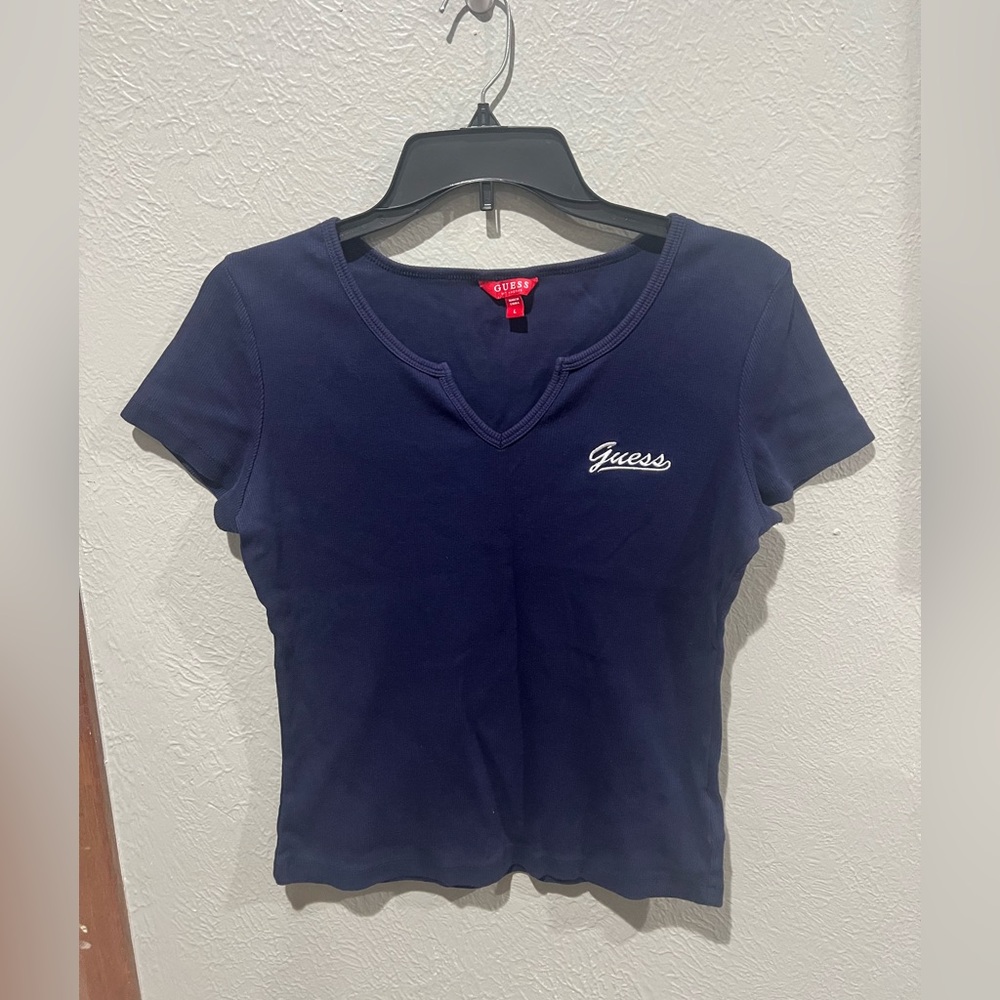Guess Women's Navy Short Sleeve Logo Tee Size Large EUC Ribbed